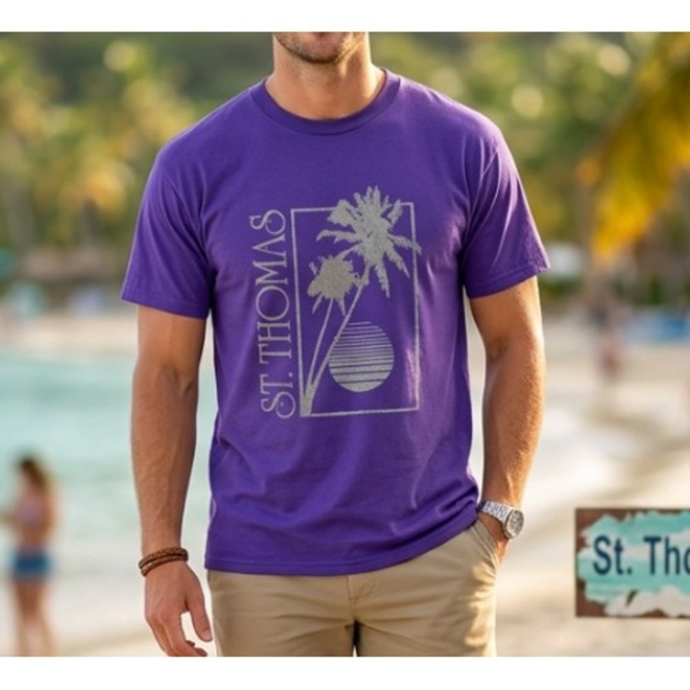 VINTAGE 80s Graphic Shirt Sz Large Purple St Thomas Single Stitch Fade Hanes Tag